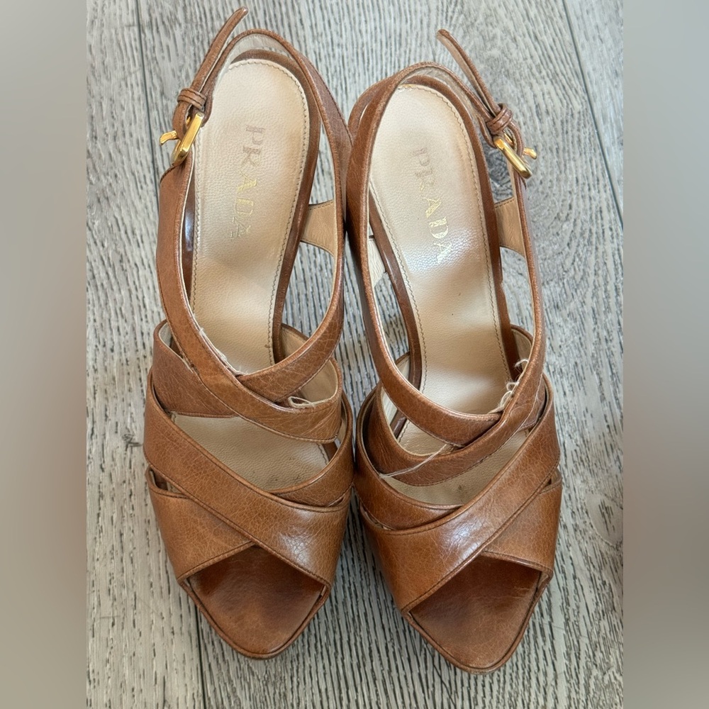 Prada Brown Leather Sling Back High Heels Sandals Size 37/7
